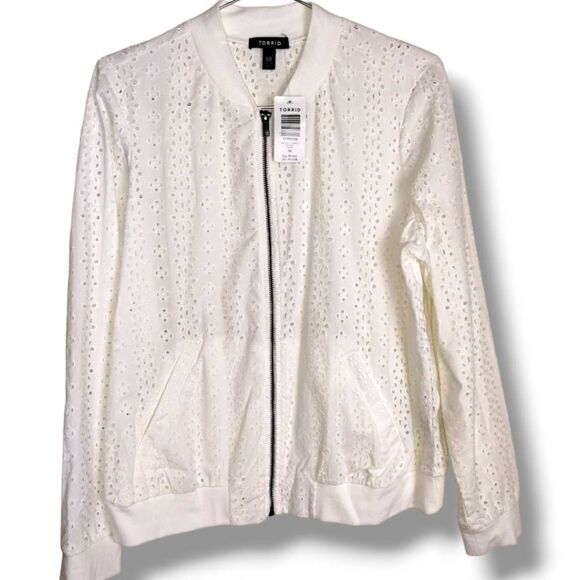 Torrid Womens Jacket Sz 10 White Cream Eyelet Zip Front Summer Spring - Picture 8 of 13